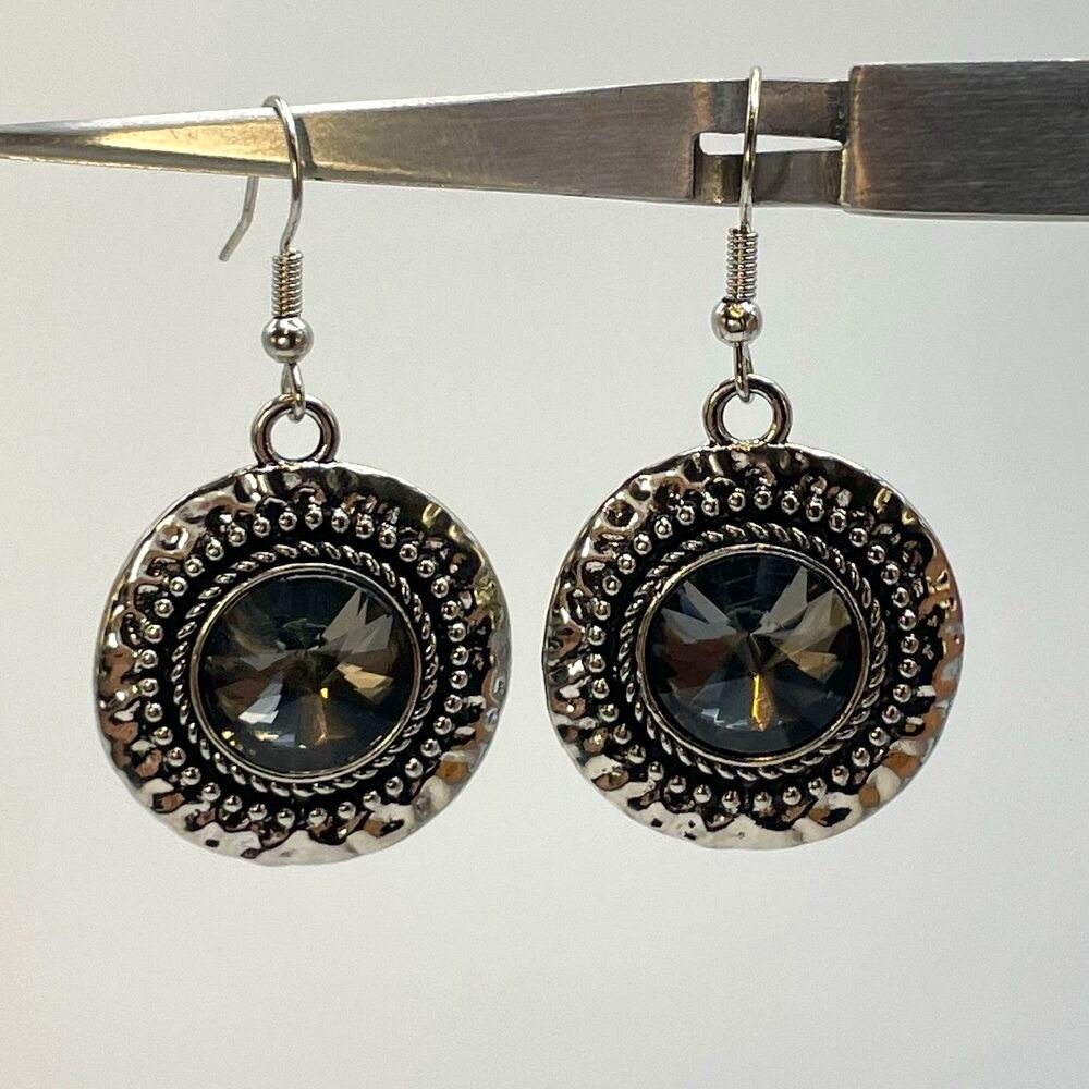 Silver Tone Smoke Gray Glass Rhinestone Statement Dangle Earrings Hook Setting